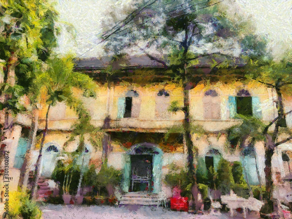 Colonial style ancient building architecture Illustrations creates an impressionist style of painting.
