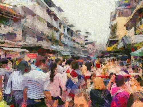 Chinatown Yearat in Bangkok Illustrations creates an impressionist style of painting.