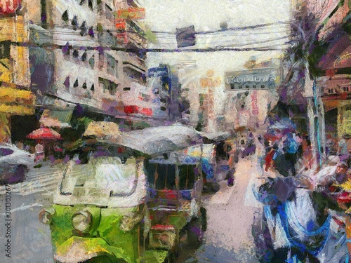 Chinatown Yearat in Bangkok Illustrations creates an impressionist style of painting. © Kittipong