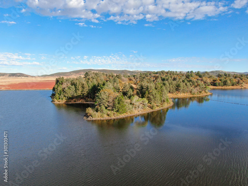 Aerial view of Lake Cuyamaca, 110 acres reservoir and a recreation area in the eastern Cuyamaca Mountains, located in eastern San Diego County, California, USA