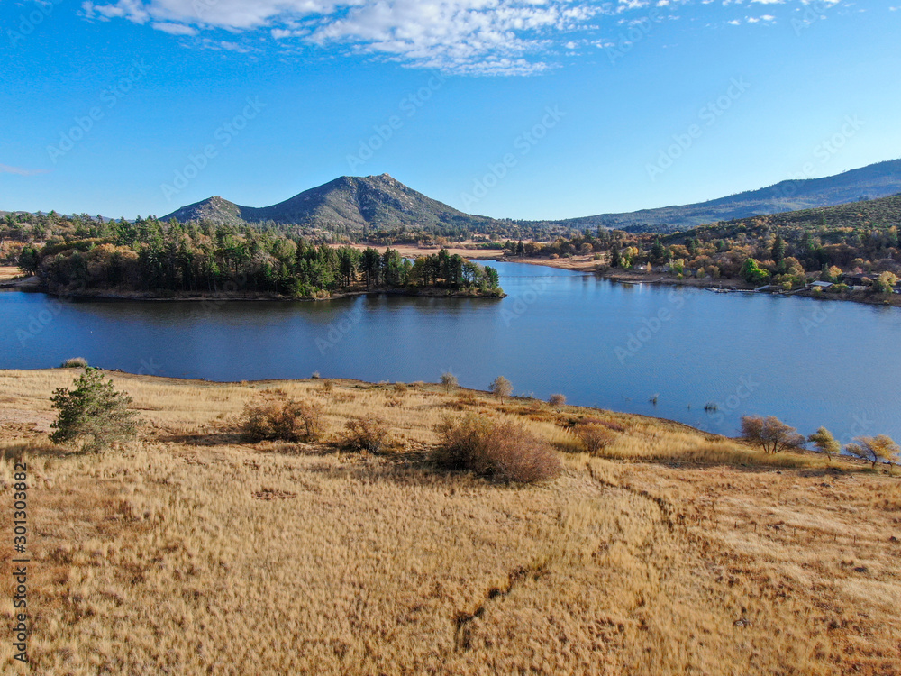 Aerial view of Lake Cuyamaca, 110 acres reservoir and a recreation area in the eastern Cuyamaca Mountains, located in eastern San Diego County, California, USA