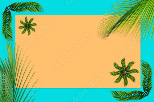 Green palm leaves pattern for nature concept,tropical leaf on orange and teal paper background