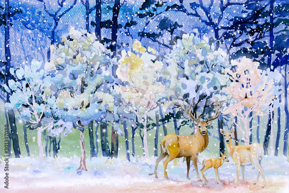 Watercolor landscape of animal, deer family in forest.