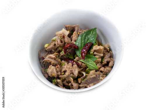Spicy Minced Duck Salad on a white background,with clipping path