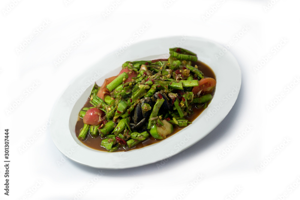 Spicy green bean put crabs fermented fish on a white background..