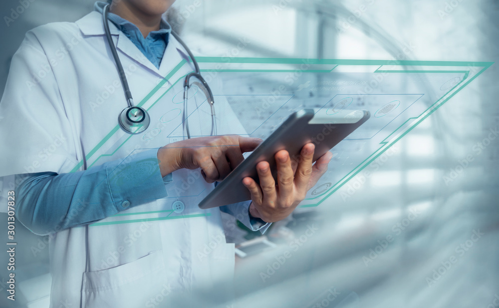 Doctor hands with a touch screen interface Doctor hands with a touch screen interface