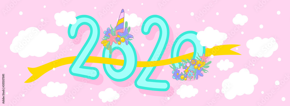Happy New Year 2020 Logo Text Design. Cute inscription 2020 for the new year. Vector Template Design Illustration for Cover of business diary or for calendar 2020 cute unicorn