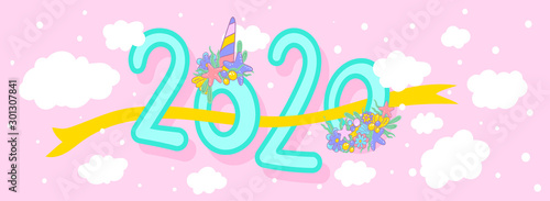 Happy New Year 2020 Logo Text Design. Cute inscription 2020 for the new year. Vector Template Design Illustration for Cover of business diary or for calendar 2020 cute unicorn