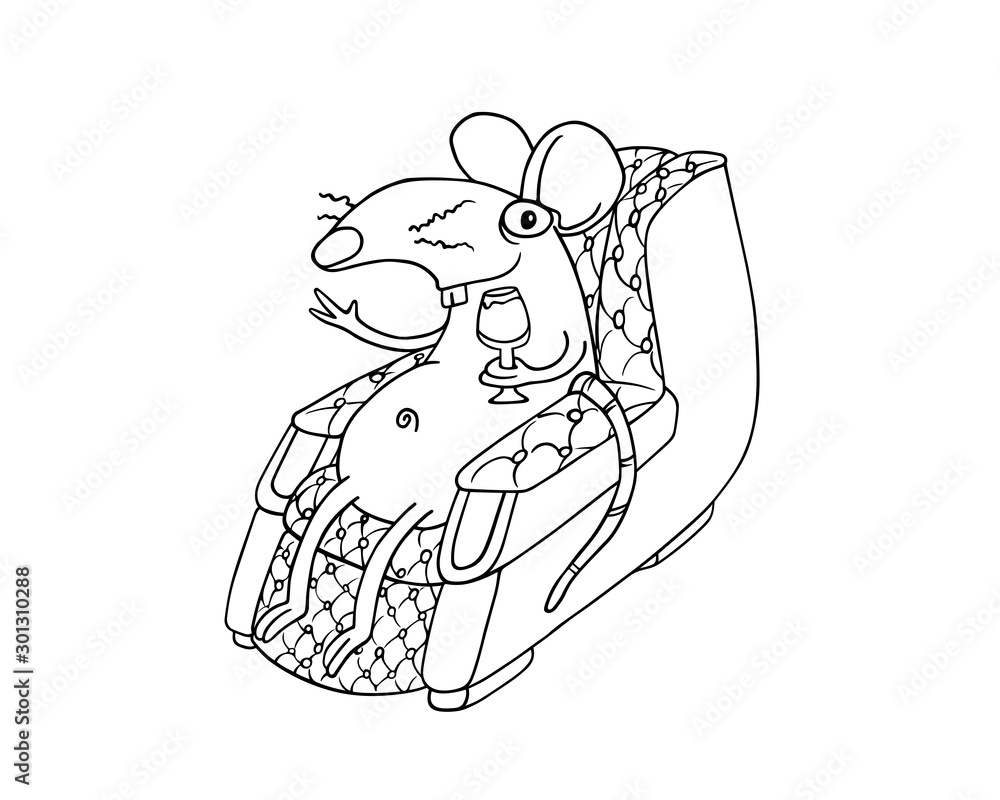 Line art rat or mouse sitting on a couch sofa and holding a champaign glass. Illustration isolated on flat white background for kids coloring book or for chinese new year of the rat. For children