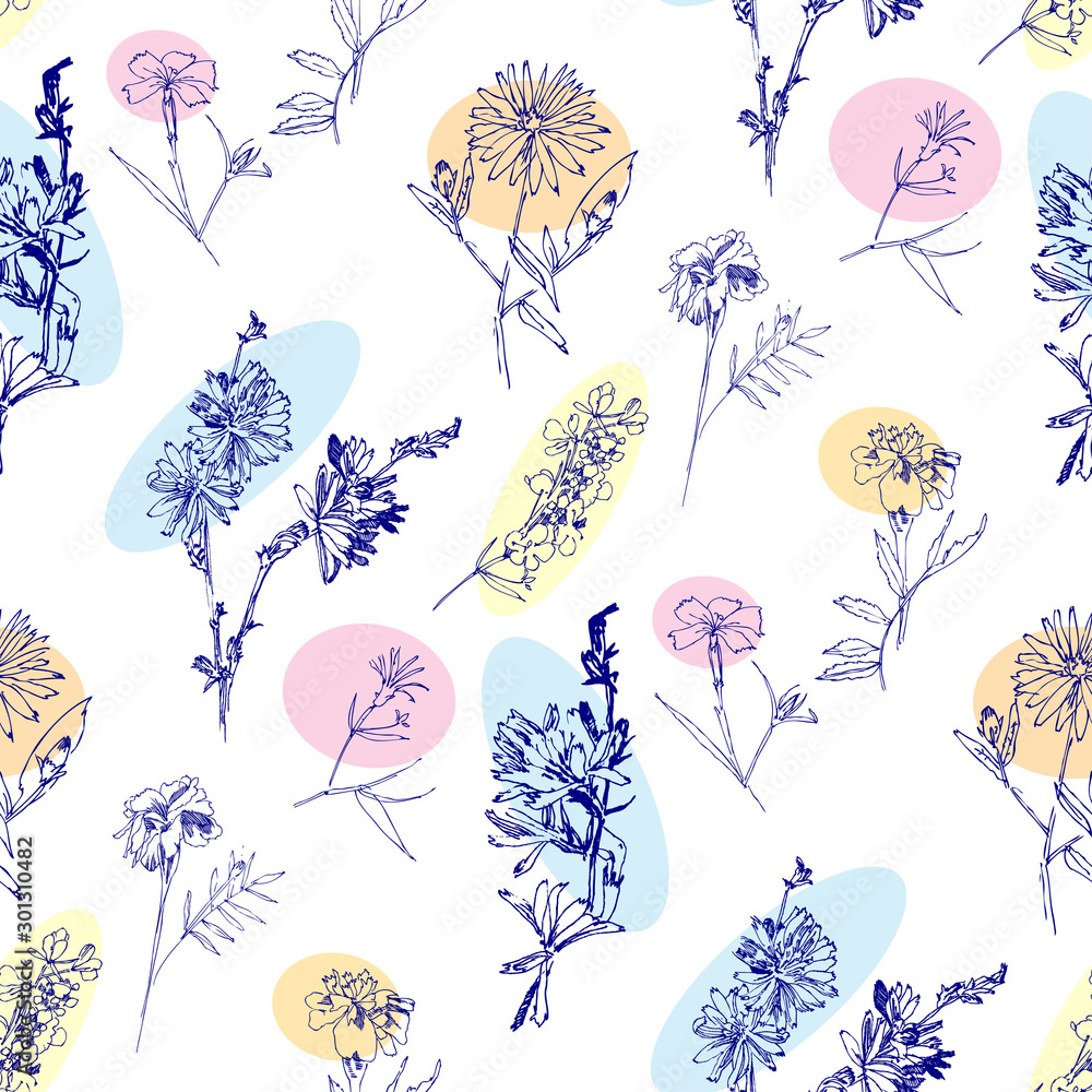 Seamless pattern with Wild Flowers with Summer Botanical Sketches Seamless pattern with Wild Flowers with Summer Botanical Sketches