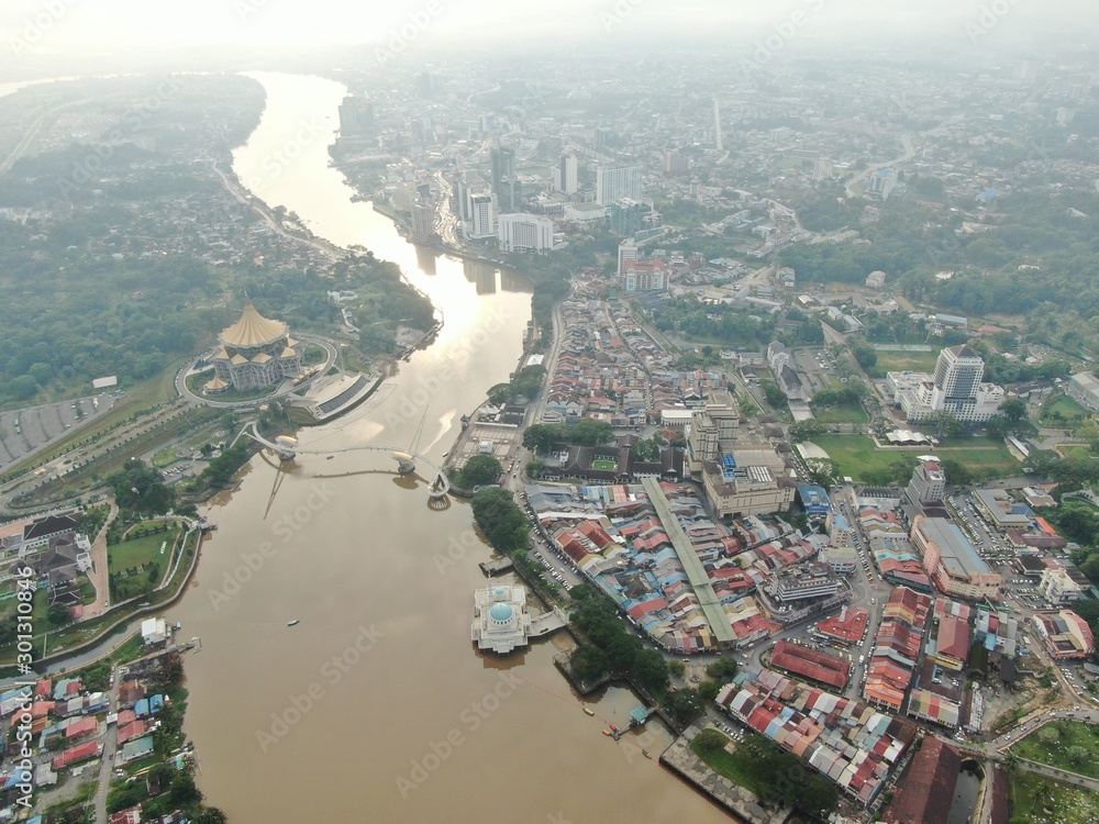 Kuching, Sarawak / Malaysia - November 8 2019: The buildings, landmarks and scenery of Kuching city, capital of Sarawak, Borneo island. Showing the famous landmarks in the Kuching city 