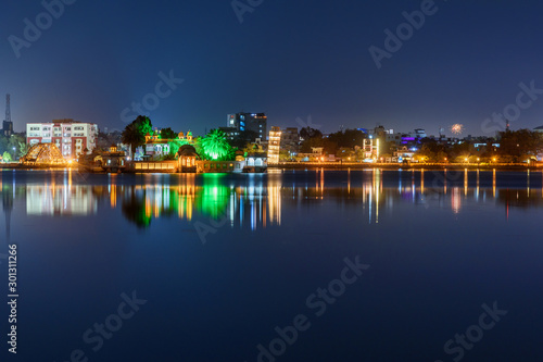 Seven Wonders Park on Kishore Sagar lake at night. Kota. India