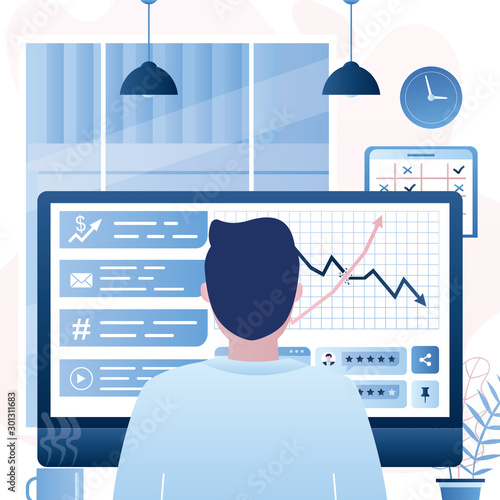 Man back view sits in front of the monitor screen. Trader or finance investor in work process.