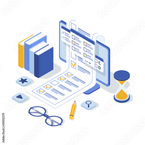 Concept of online exam, online testing, questionnaire form, online education, survey, internet quiz. Isometric vector illustration.
