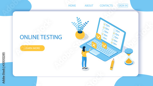Landing page with design template for online testing. Concept of online exam, questionnaire form, online education, survey, internet quiz. Isometric vector illustration.
