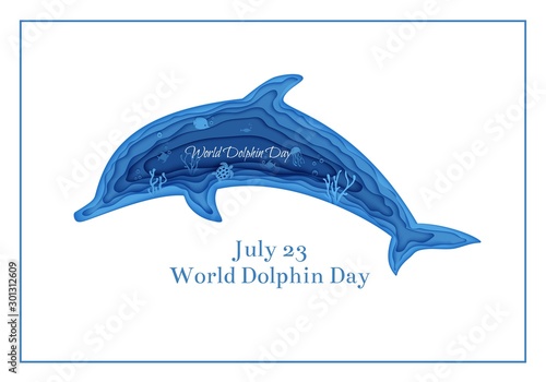 Silhouette of a dolphin cut out of paper. Papercut butterflyfish, jellyfish, moonfish, turtle. Craft underwater ocean cave with fishes, coral reef, seabed algae, waves. Vector World Ocean Day concept.
