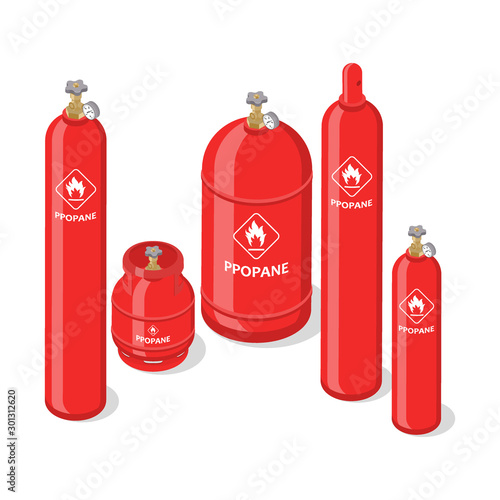Set of metal containers or cylinders with liquefied compressed natural gases. Gas tanks balloons of various size isolated on white background. Isometric vector illustration.
