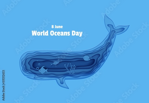 Silhouette of a sperm whale cut out of paper. Papercut style butterflyfish, jellyfish, moonfish, turtle. Craft underwater ocean cave with fishes, coral reef seabed alga Vector World Ocean Day concept.