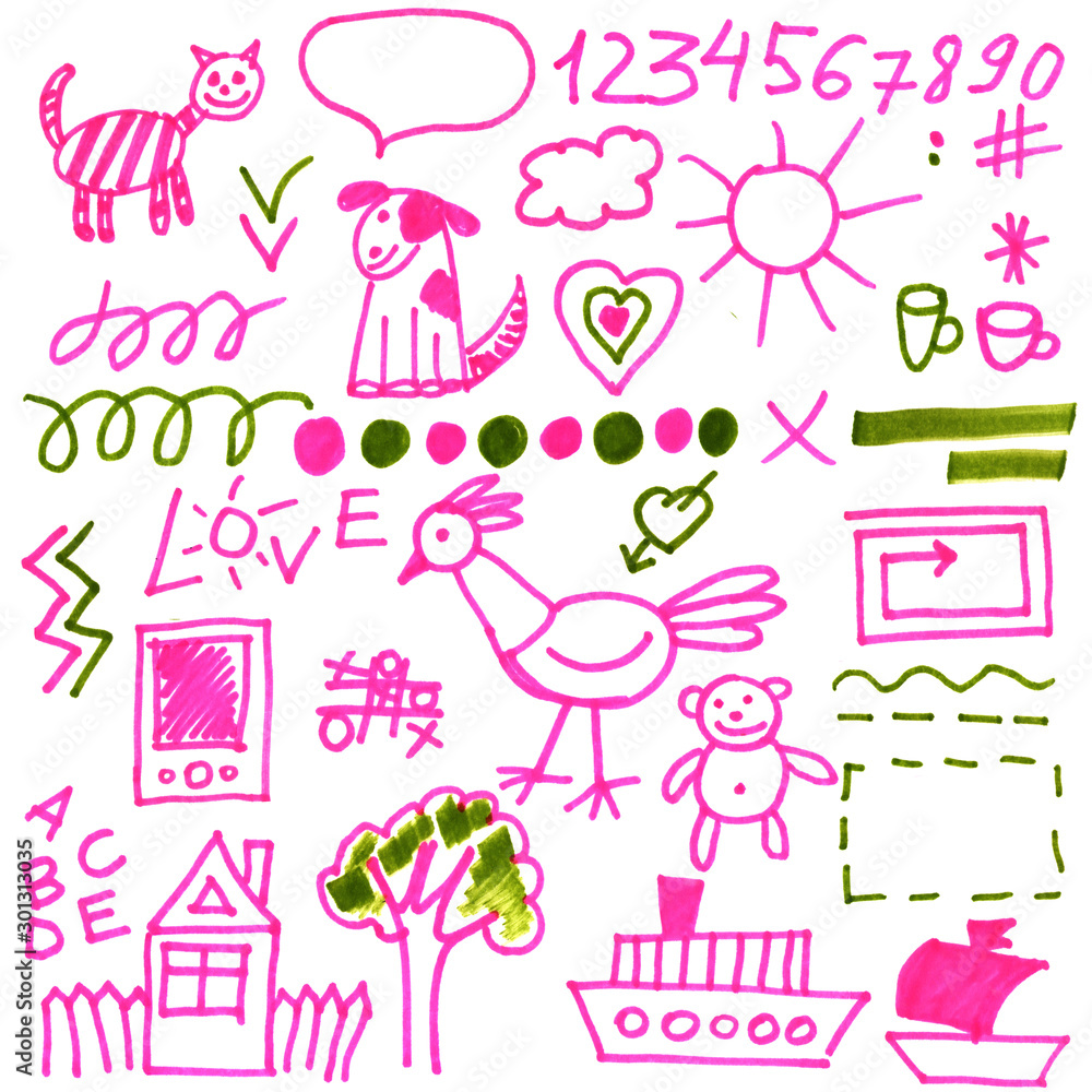 Doodle set of objects from a child's life. Drawn in pink and green marker on a white background.