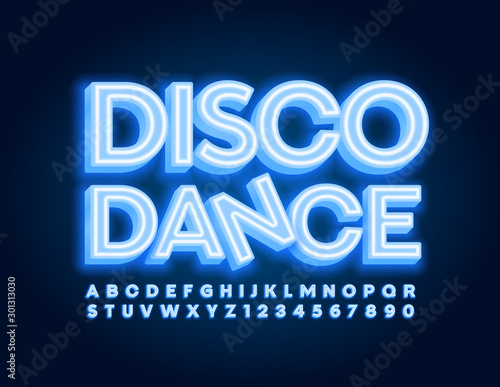 Vector glowing poster Disco Dance. Blue electric Font. Neon light Alphabet Letters and Numbers set