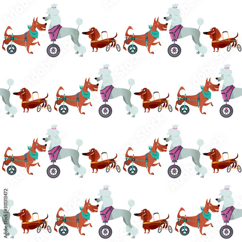 Dogs with special needs on different wheelchairs. Seamless background pattern.