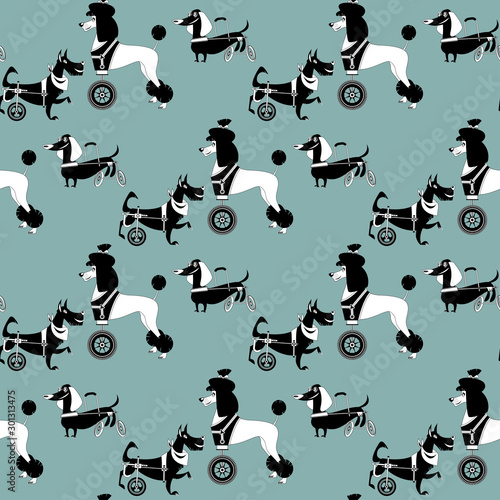 Dogs with special needs on different wheelchairs. Black and white. Seamless background pattern.