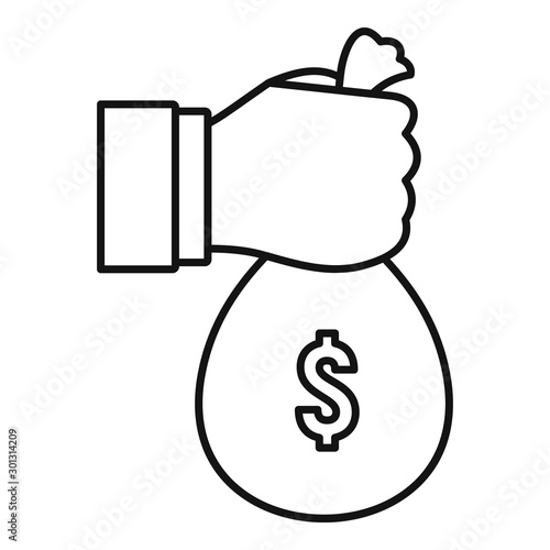 Hand money bag icon. Outline hand money bag vector icon for web design isolated on white background