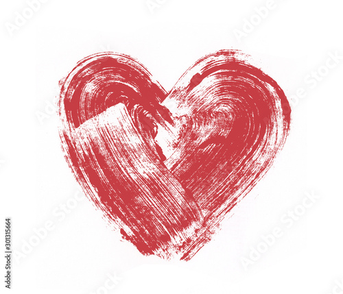 Red textural strokes in the shape of a heart with a thick brush on a white background to create a design, greeting card. Isolated