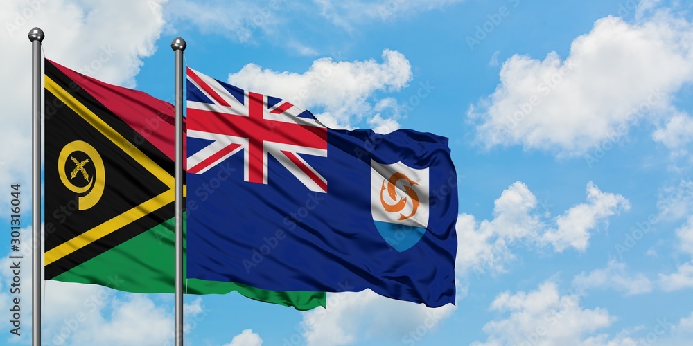 Vanuatu and Anguilla flag waving in the wind against white cloudy blue sky together. Diplomacy concept, international relations.