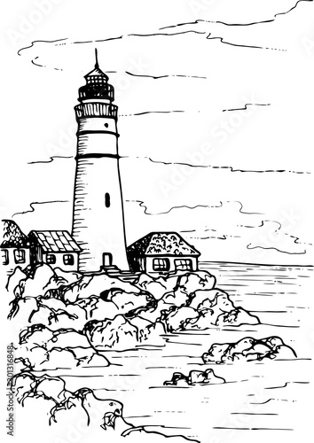 Vector landscape with a lighthouse on a rocky shore