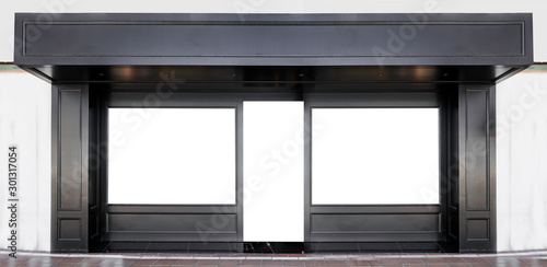 Outdoor mockup,store template,front view black of generic store facade with windows display and blanck posters. photo