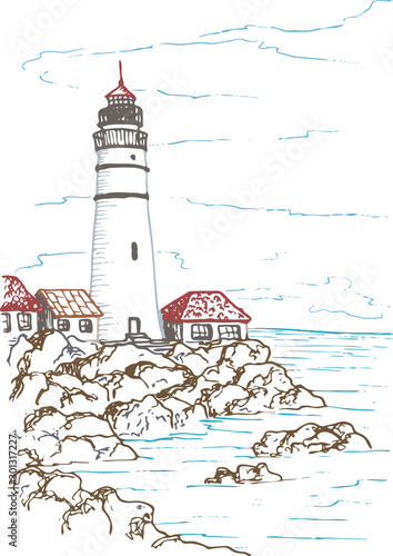 Vector landscape with a lighthouse on a rocky shore