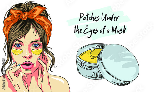 Patches Under eye skin care: eye patches for puffiness, wrinkles, dryness and dark circles, under the eyes. Cosmetic product for skin. Korean cosmetics, Beauty product for eye care in vector