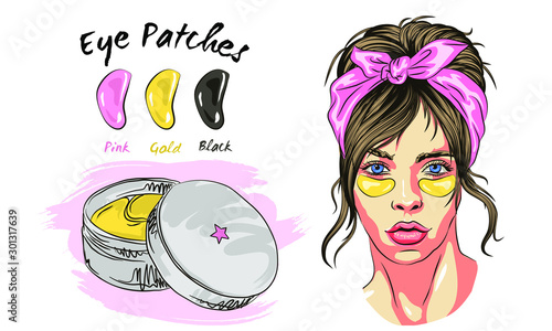 Patches Under eye skin care: eye patches for puffiness, wrinkles, dryness and dark circles, under the eyes. Cosmetic product for skin. Korean cosmetics, Beauty product for eye care in vector
