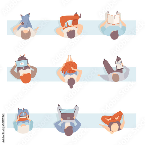 Set Of People Sitting On The Bench In Different Poses Top View Flat Vector Illustration