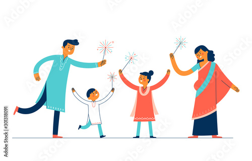 a family of fathers, mothers and two children wearing traditional clothes and playing fireworks celebrating Deepawali day
