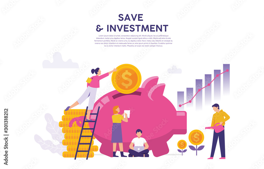 vector illustration concept of saving and investing with big piggy bank and coins