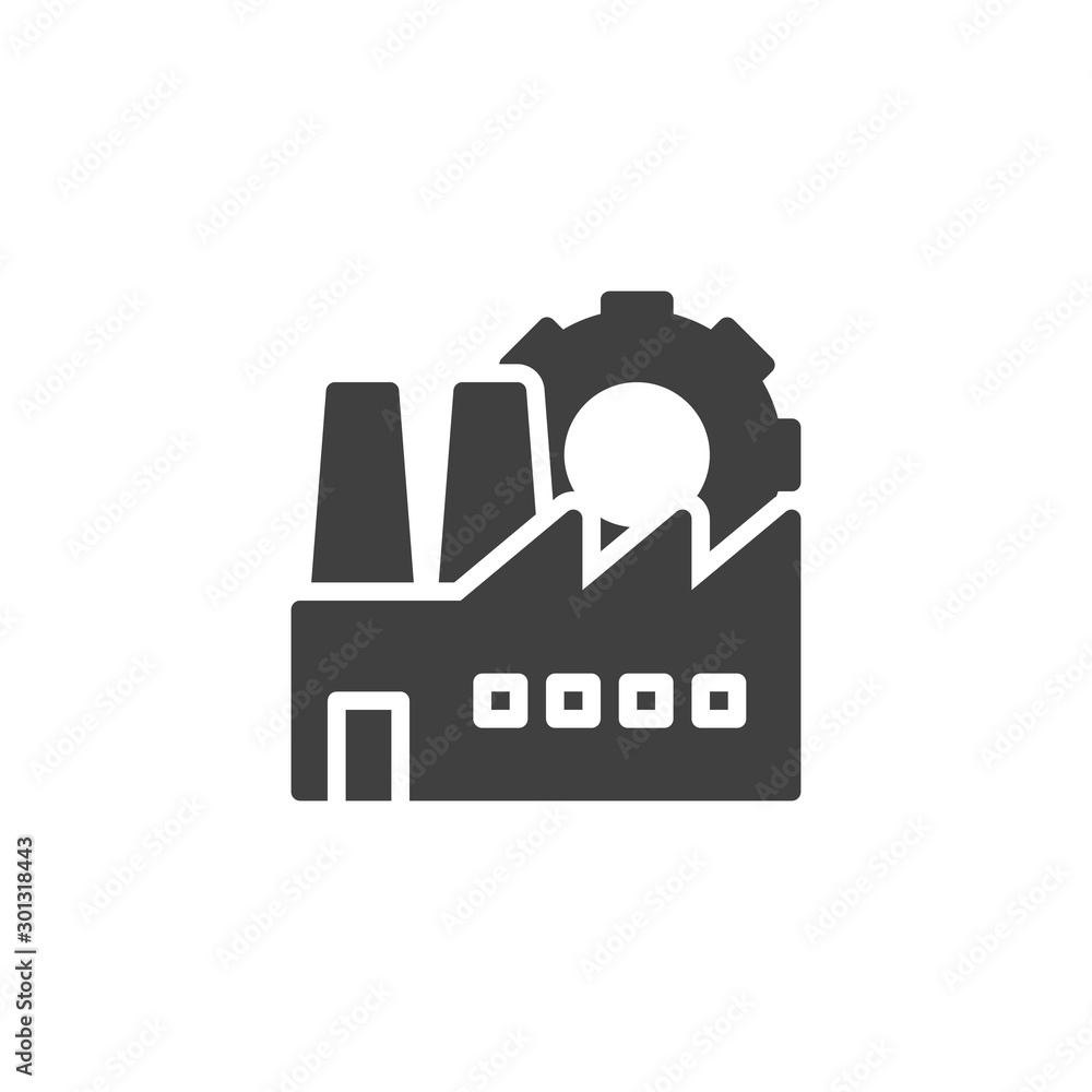 Industrial factory production vector icon. filled flat sign for mobile concept and web design. Factory and gear glyph icon. Symbol, logo illustration. Vector graphics