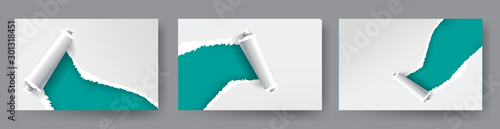 Torn paper holes in white paper with torn sides with space for text. Realistic set with ripped edges for web and print.