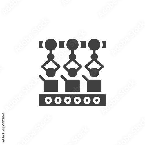 Robotic arm packaging conveyor belt vector icon. filled flat sign for mobile concept and web design. Automated packaging robotic conveyor glyph icon. Symbol, logo illustration. Vector graphics