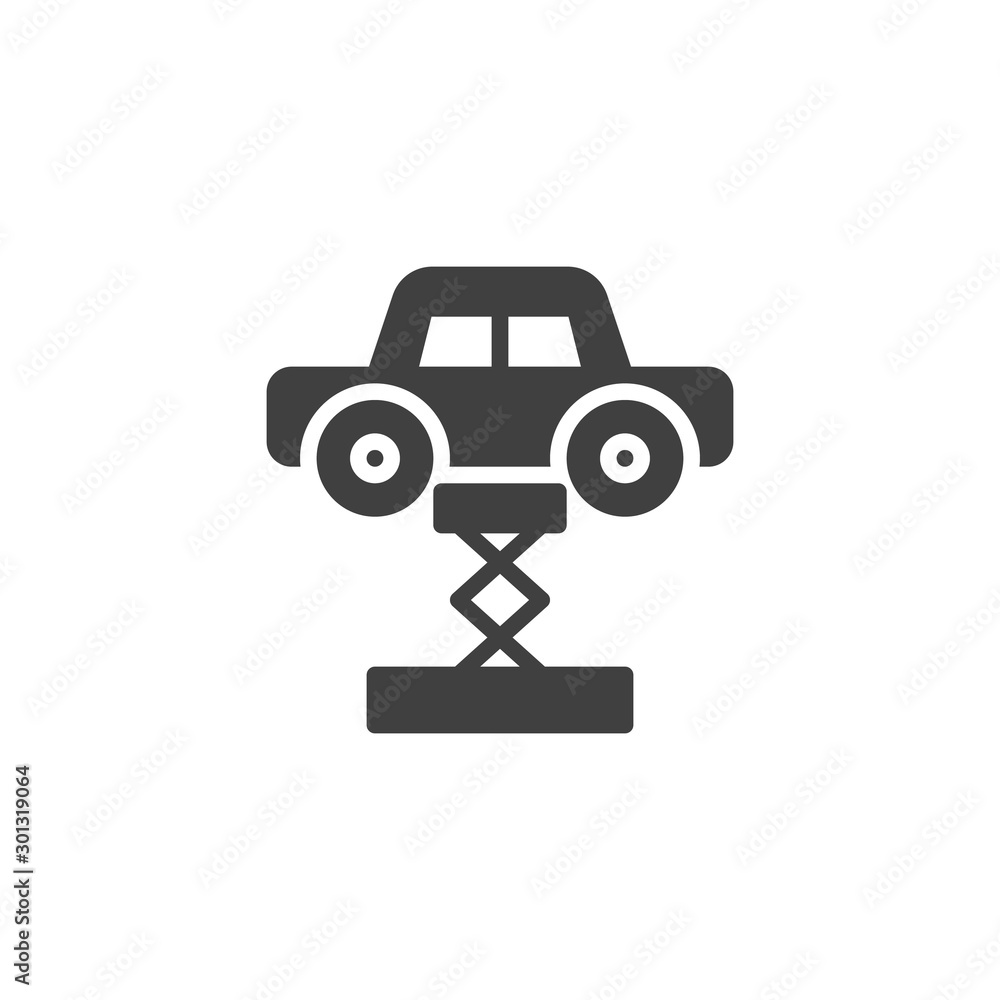Car lifting vector icon. filled flat sign for mobile concept and web design. Car on stand glyph icon. Symbol, logo illustration. Vector graphics Car lifting vector icon. filled flat sign for mobile concept and web design. Car on stand glyph icon. Symbol, logo illustration. Vector graphics
