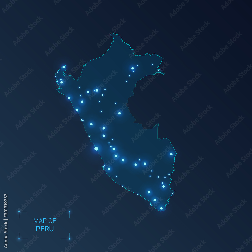 Peru map with cities. Luminous dots - neon lights on dark background. Vector illustration.