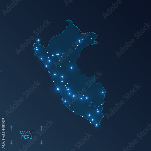 Peru map with cities. Luminous dots - neon lights on dark background. Vector illustration.