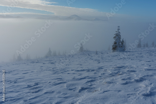 Beautiful scenery with winter snow-capped mountains, with fogs and contrasting snow structure and red tourist tent in the foreground, in locations in the Ukrainian Carpathians.