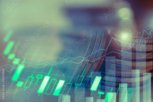 Financial investment concept, Double exposure of city night and stack of coins for finance investor, Forex trading candlestick chart, Cryptocurrency Digital economy. 
