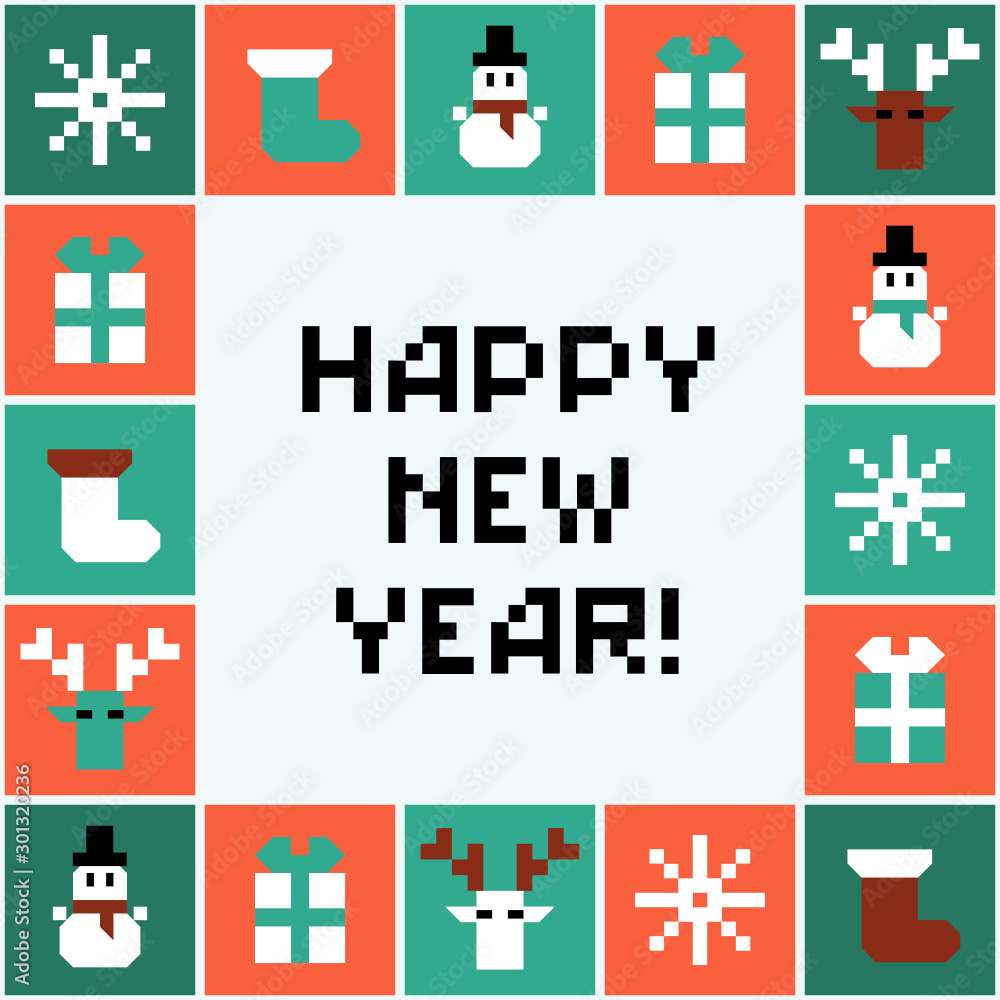 Pixel Happy New Year vector illustration. Happy New Year Postcard. Cool greeting card. Vector christmas frame. Pixel Happy New Year vector illustration. Happy New Year Postcard. Cool greeting card. Vector christmas frame.
