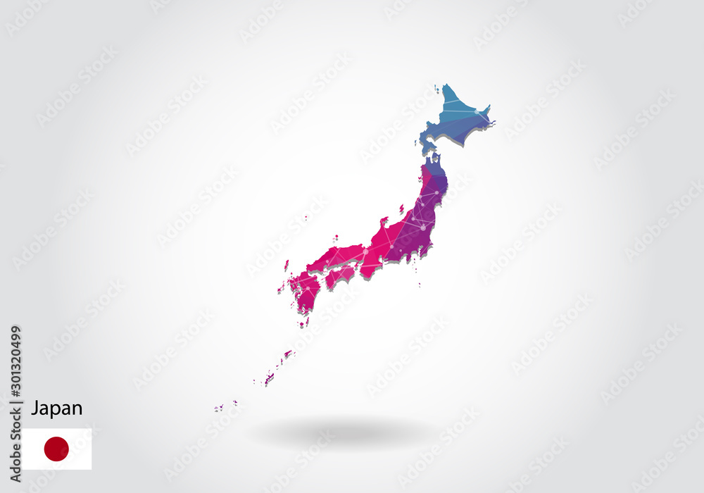 Obraz premium Vector polygonal Japan map. Low poly design. map made of triangles on white background. geometric rumpled triangular low poly style gradient graphic, line dots, UI design.