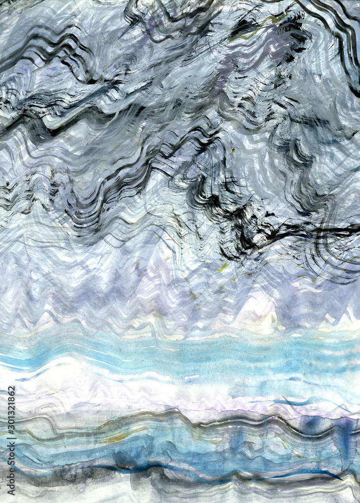 Watercolor background on glossy paper. Beautiful delicate background with horizontal strokes of blue and gray paint. Rectangular abstract composition in pastel colors. Blurry stains of clear paint. Watercolor background on glossy paper. Beautiful delicate background with horizontal strokes of blue and gray paint. Rectangular abstract composition in pastel colors. Blurry stains of clear paint.