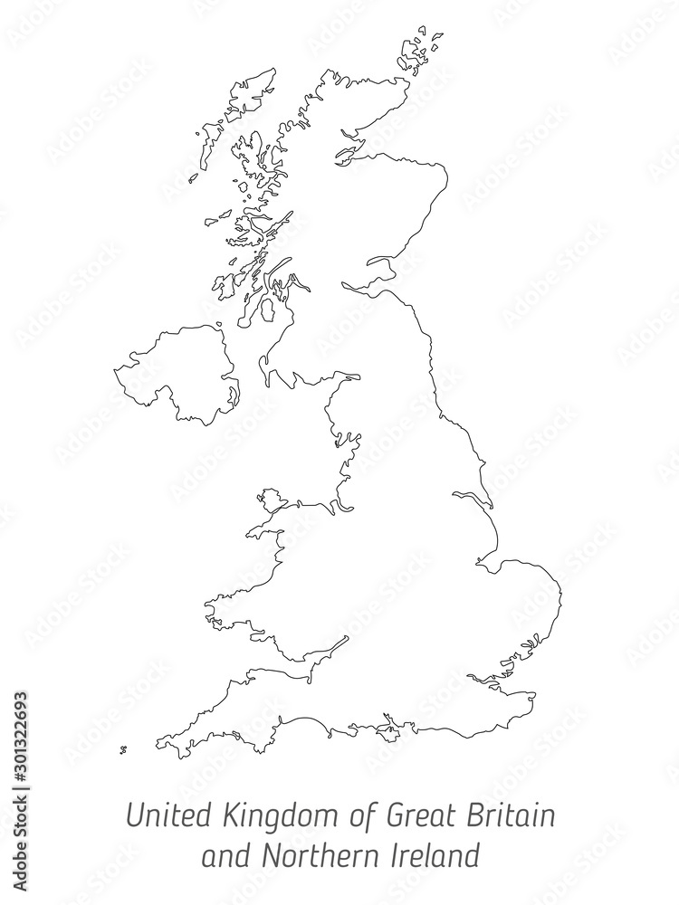 High detailed vector map - United Kingdom of Great Britain and Northern Ireland. Blank black contour isolated on white background. Vector illustration