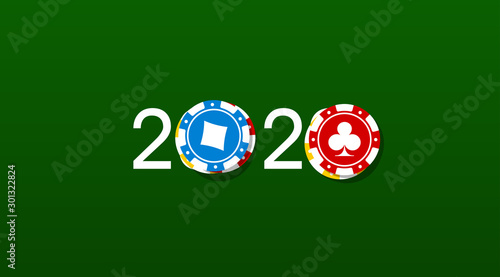 2020 Happy New Year casino logo with roulette table and chips bet design. Cover of casino diary for 2020 roulette game. Brochure design template view from above of the green cloth table with rate.